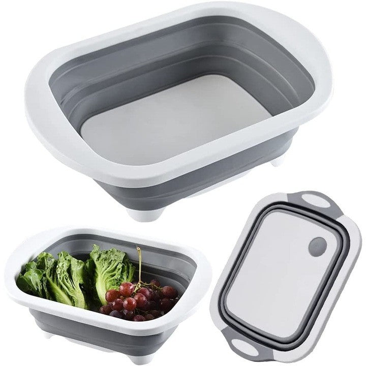 Tocator Multifunctional 2 in 1 cu Cos de Spalare si Scurgere, Design Pliabil pentru Economisire Spatiu, Material Plastic PP Antibacterian, 40 x 30 cm, 480 g, Gri