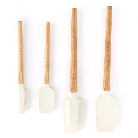 Set 4 Ustensile de Bucatarie, Spatule pentru Gatit si Amestecat, Silicon Termorezistent si Maner din Lemn, Design Antiaderent, Alb-Maro