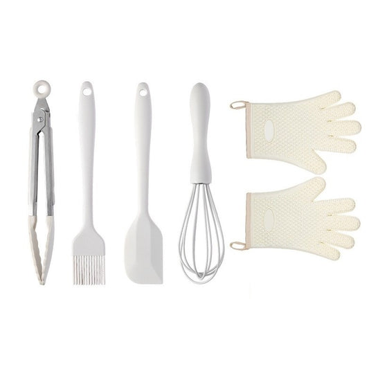 Set 5 Ustensile de Bucătărie, Termorezistente și Antiaderente, Silicon Alimentar și Inox, Design Ergonomic, Alb Ivory