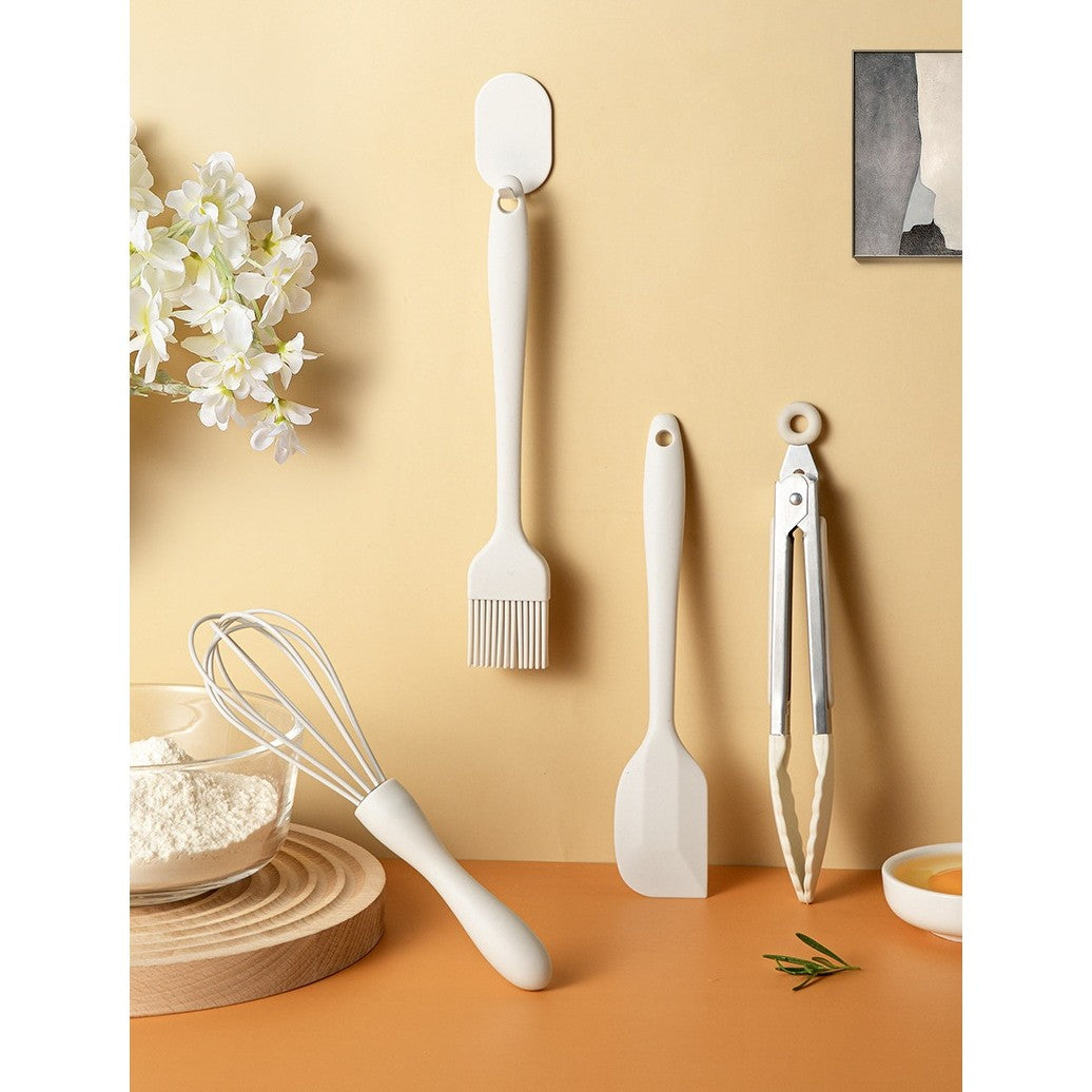 Set 5 Ustensile de Bucătărie, Termorezistente și Antiaderente, Silicon Alimentar și Inox, Design Ergonomic, Alb Ivory
