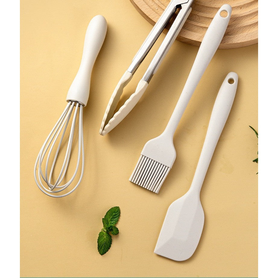 Set 5 Ustensile de Bucătărie, Termorezistente și Antiaderente, Silicon Alimentar și Inox, Design Ergonomic, Alb Ivory