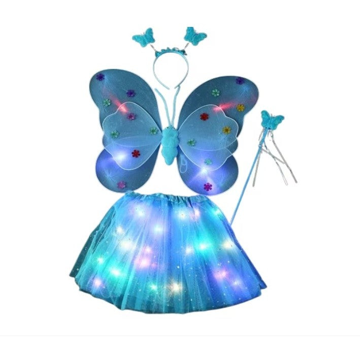 Costum Fluturas pentru Copii cu Aripi Modelabile si Fusta Tul Luminoase LED, Set 4 Piese cu Bagheta si Bentita, Bumbac si Poliester, Marime Universala, Albastru