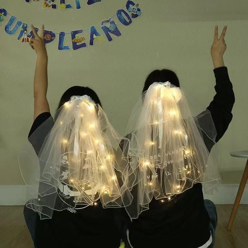 Voal Luminos cu Coronita si Lumini LED Alb Cald, Accesoriu Petrecerea Burlacitelor si Serbari Copii, Marime Universala, Alb