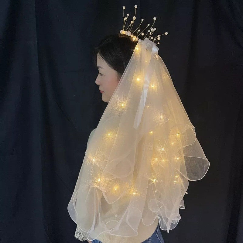 Voal Luminos cu Coronita si Lumini LED Alb Cald, Accesoriu Petrecerea Burlacitelor si Serbari Copii, Marime Universala, Alb