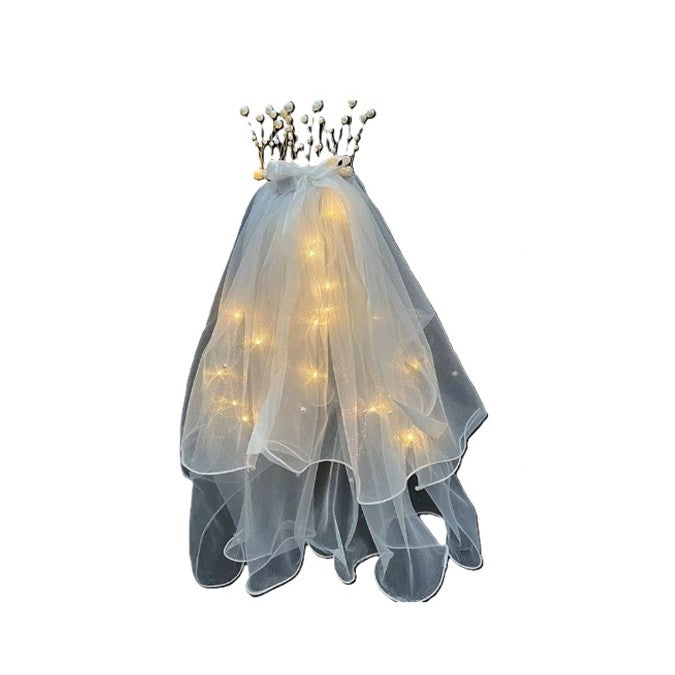 Voal Luminos cu Coronita si Lumini LED Alb Cald, Accesoriu Petrecerea Burlacitelor si Serbari Copii, Marime Universala, Alb