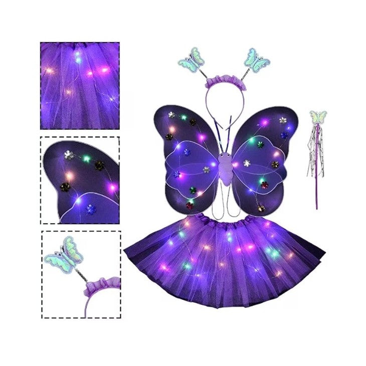 Costum Fluture cu Aripi Modelabile si Lumini LED, Set 4 Piese cu Fusta Tulle, Bagheta si Bentita, Bumbac si Poliester, Marime Universala, Mov