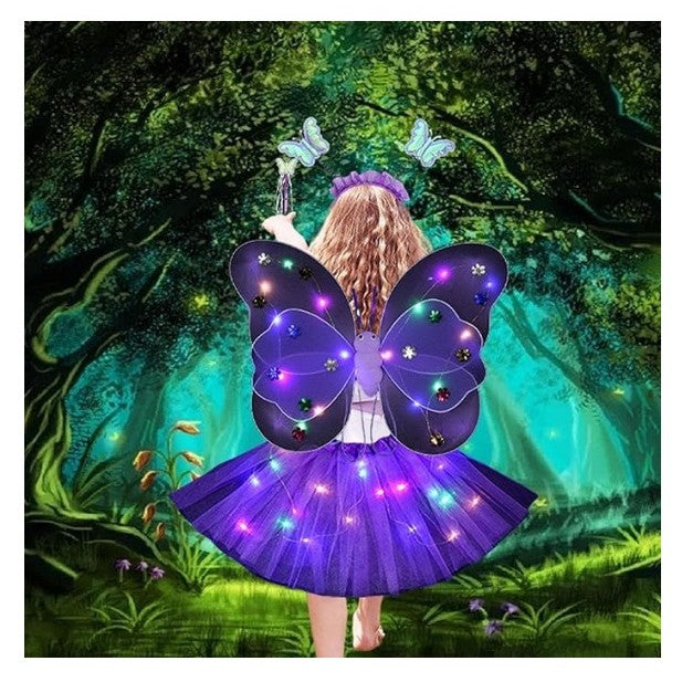 Costum Fluture cu Aripi Modelabile si Lumini LED, Set 4 Piese cu Fusta Tulle, Bagheta si Bentita, Bumbac si Poliester, Marime Universala, Mov