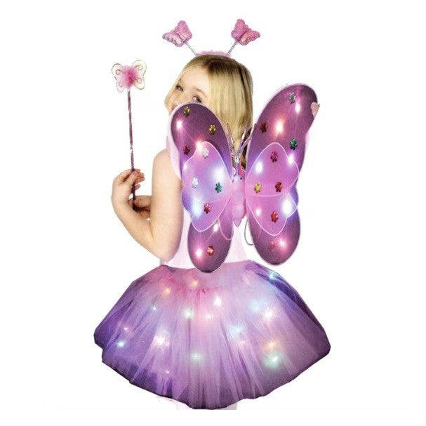 Costum Fluture pentru Copii cu Aripi Modelabile si Fusta Tulle cu Lumini LED, Set 4 Piese cu Bagheta si Bentita, Bumbac si Poliester, Marime Universala, Roz