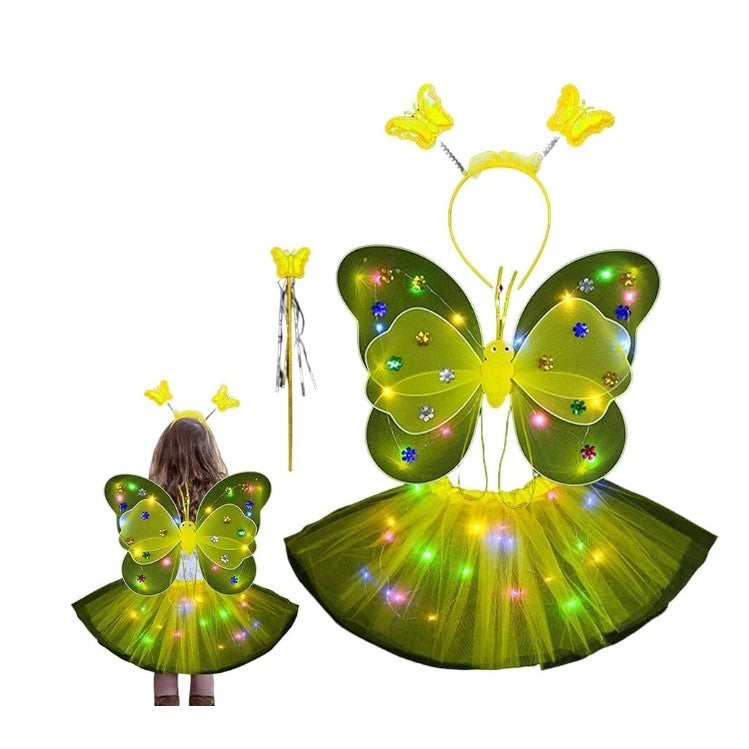 Costum Fluturas cu Aripi Modelabile si LED, Fusta Tul Luminoasa, Bagheta si Bentita, Set 4 Piese, Bumbac si Poliester, Marime Universala, Galben