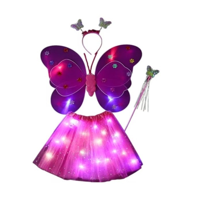 Costum Fluturas pentru Copii cu Aripi Modelabile si Fusta Tulle, Lumini LED, Set 4 Piese cu Bagheta si Bentita, Bumbac si Poliester, Marime Universala, Roz-Rosu