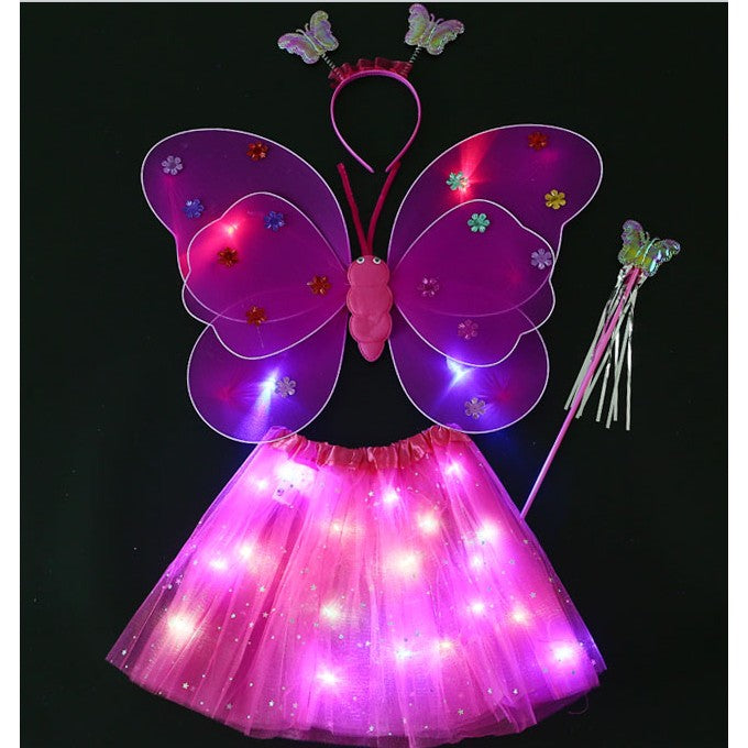 Costum Fluturas pentru Copii cu Aripi Modelabile si Fusta Tulle, Lumini LED, Set 4 Piese cu Bagheta si Bentita, Bumbac si Poliester, Marime Universala, Roz-Rosu