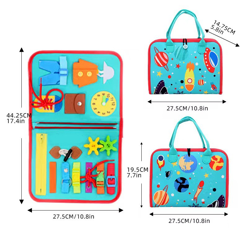 Carte Senzoriala Montessori, Jucarie Educativa Dezvoltare Abilitati Motorii Fine, 4 Pagini cu Activitati Interactive, Material Textil Moale, Model Spatiu Cosmic, 28x22x7 cm, Albastru