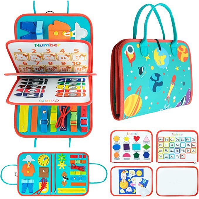 Carte Senzoriala Montessori, Jucarie Educativa Dezvoltare Abilitati Motorii Fine, 4 Pagini cu Activitati Interactive, Material Textil Moale, Model Spatiu Cosmic, 28x22x7 cm, Albastru