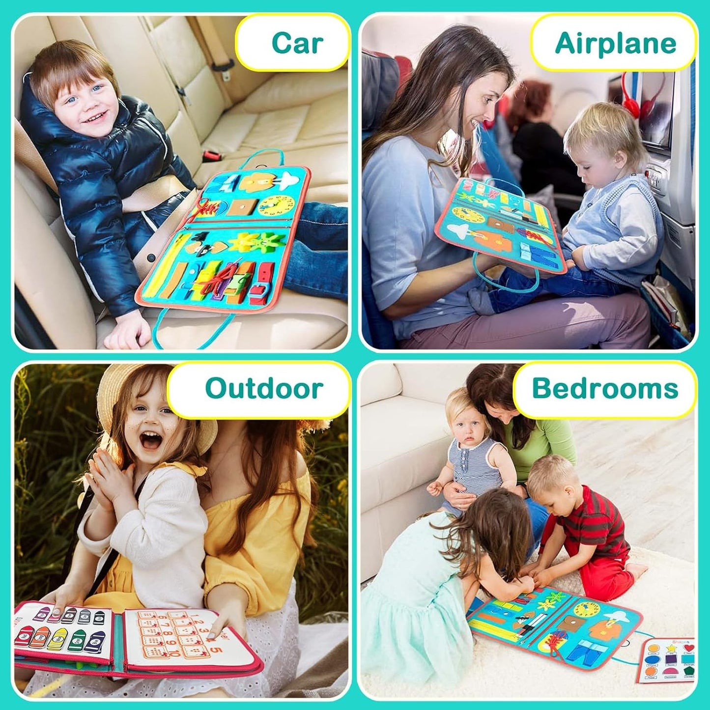 Carte Senzoriala Montessori, Jucarie Educativa Dezvoltare Abilitati Motorii Fine, 4 Pagini cu Activitati Interactive, Material Textil Moale, Model Spatiu Cosmic, 28x22x7 cm, Albastru