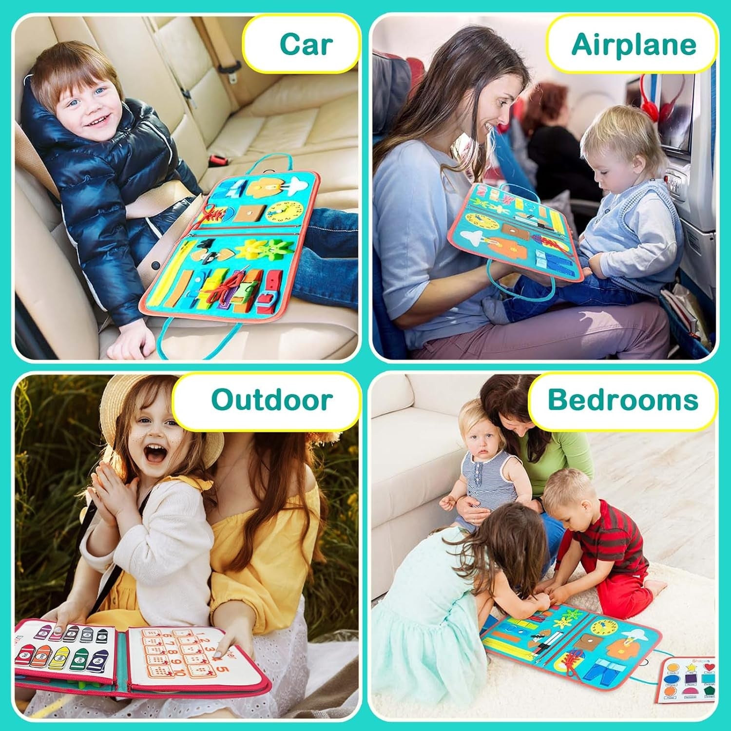 Carte Senzoriala Montessori, Jucarie Educativa Dezvoltare Abilitati Motorii Fine, 4 Pagini cu Activitati Interactive, Material Textil Moale, Model Spatiu Cosmic, 28x22x7 cm, Albastru
