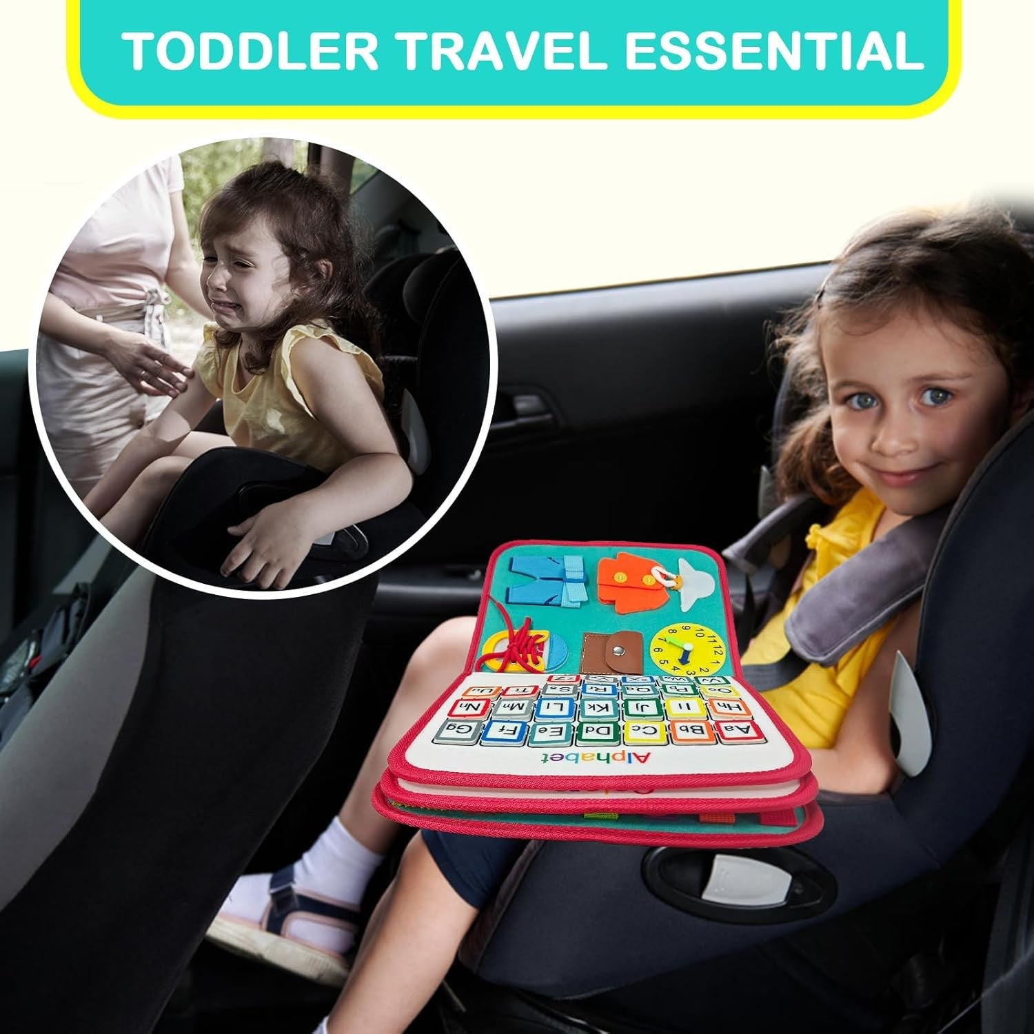 Carte Senzoriala Montessori, Jucarie Educativa Dezvoltare Abilitati Motorii Fine, 4 Pagini cu Activitati Interactive, Material Textil Moale, Model Spatiu Cosmic, 28x22x7 cm, Albastru