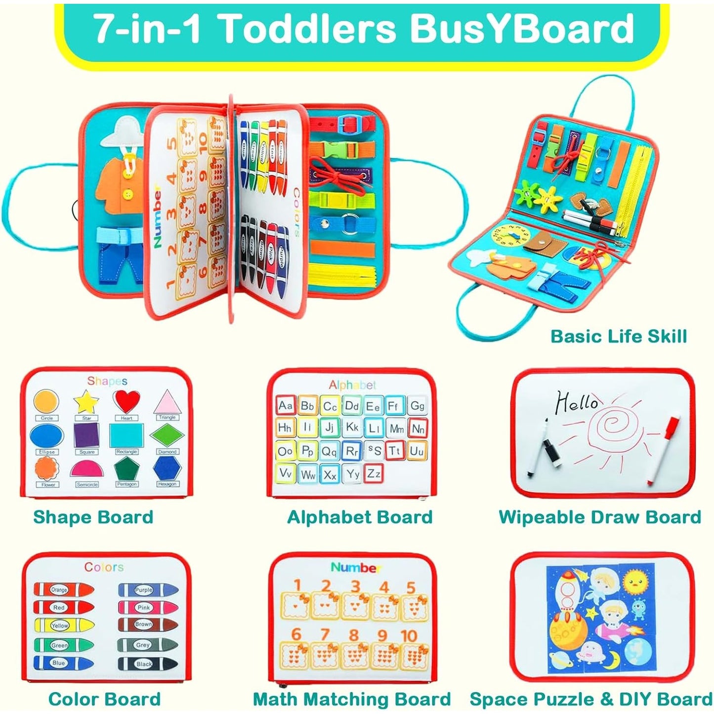 Carte Senzoriala Montessori, Jucarie Educativa Dezvoltare Abilitati Motorii Fine, 4 Pagini cu Activitati Interactive, Material Textil Moale, Model Spatiu Cosmic, 28x22x7 cm, Albastru