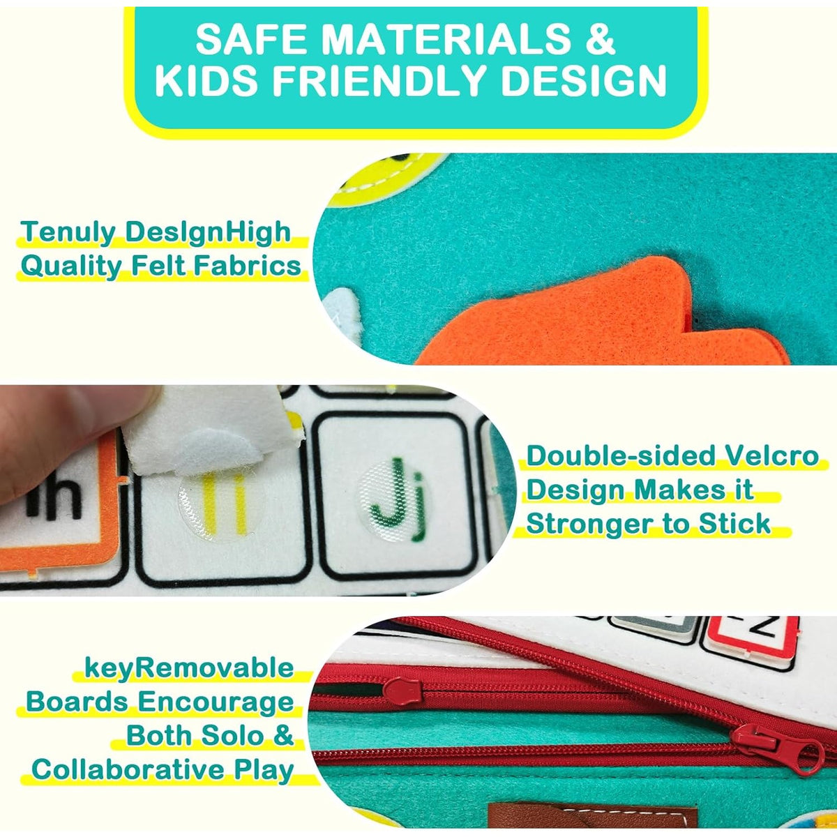 Carte Senzoriala Montessori, Jucarie Educativa Dezvoltare Abilitati Motorii Fine, 4 Pagini cu Activitati Interactive, Material Textil Moale, Model Spatiu Cosmic, 28x22x7 cm, Albastru
