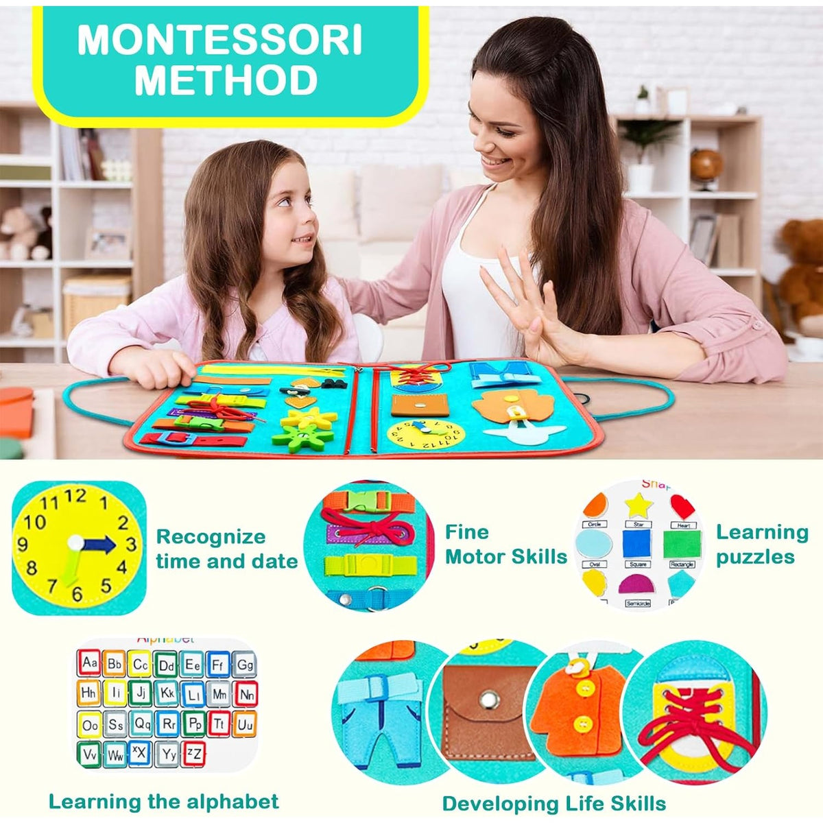 Carte Senzoriala Montessori, Jucarie Educativa Dezvoltare Abilitati Motorii Fine, 4 Pagini cu Activitati Interactive, Material Textil Moale, Model Spatiu Cosmic, 28x22x7 cm, Albastru