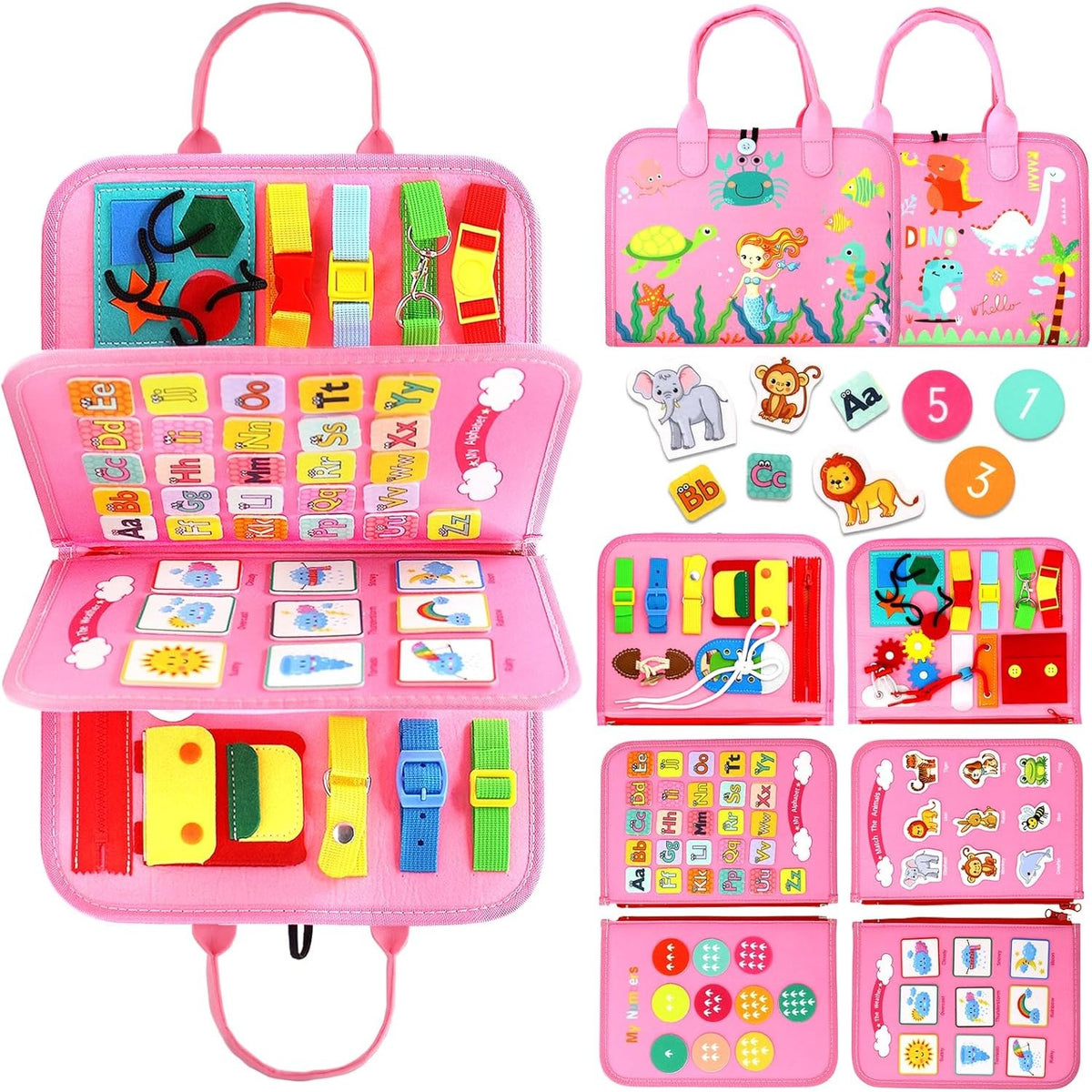 Carte Senzoriala Educativa Montessori, 26 de Activitati pentru Abilitati Motorii Fine, Material Textil Moale, Model Dinozauri, 4 Pagini, 28x22x7 cm, Roz