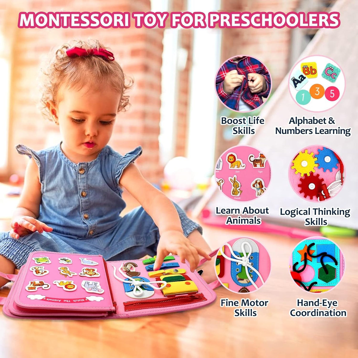 Carte Senzoriala Educativa Montessori, 26 de Activitati pentru Abilitati Motorii Fine, Material Textil Moale, Model Dinozauri, 4 Pagini, 28x22x7 cm, Roz