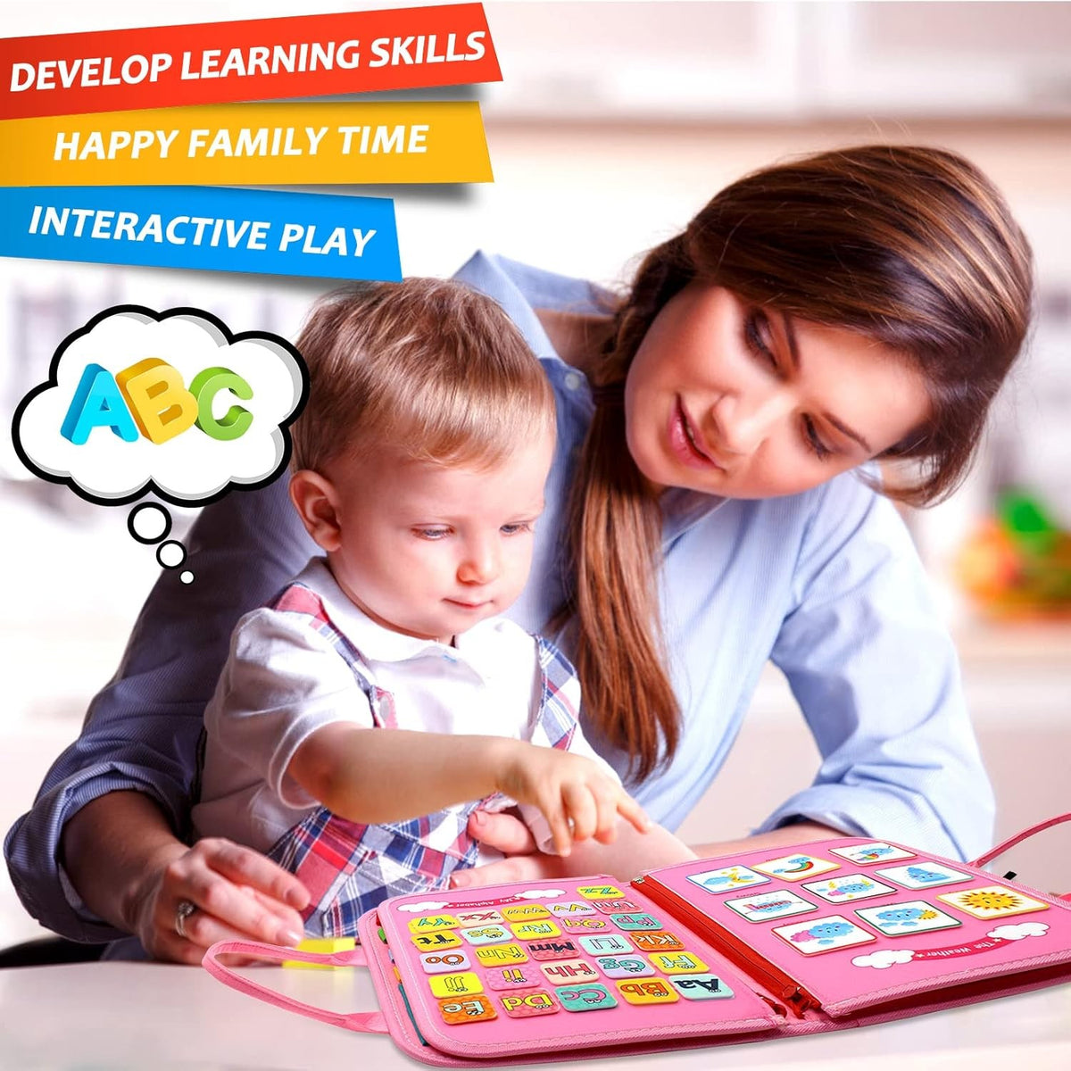 Carte Senzoriala Educativa Montessori, 26 de Activitati pentru Abilitati Motorii Fine, Material Textil Moale, Model Dinozauri, 4 Pagini, 28x22x7 cm, Roz