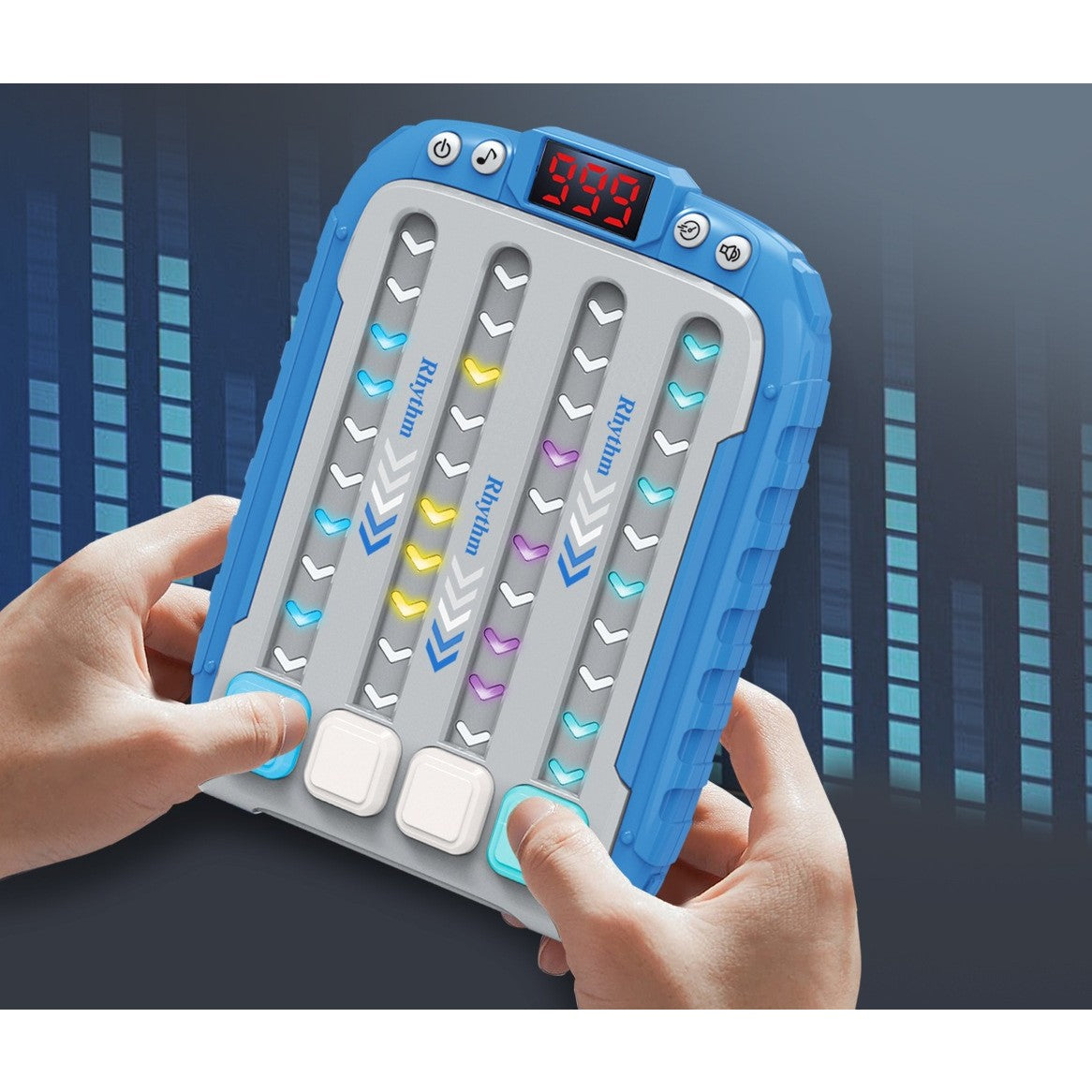 Jucarie Interactiva Joc Rhythm, Consola Portabila de Viteza si Reflexe cu Functie Muzicala, 6 Niveluri de Joc, 3 Trepte de Viteza, Material ABS, 15 x 3 x 11 cm, Albastru