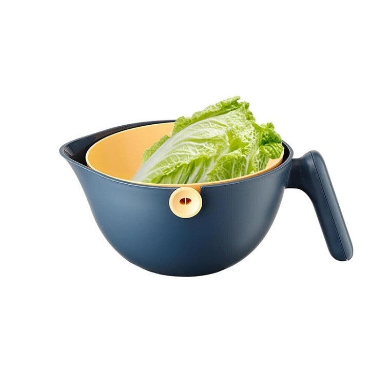 Bol cu Doua Straturi pentru Spalare si Scurgere Fructe sau Legume, Cos Detasabil cu Inclinare 90 Grade, Material ABS si PP, Capacitate 2L, 29.9 x 22.5 x 11.8 cm, Albastru-Portocaliu