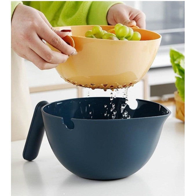 Bol cu Doua Straturi pentru Spalare si Scurgere Fructe sau Legume, Cos Detasabil cu Inclinare 90 Grade, Material ABS si PP, Capacitate 2L, 29.9 x 22.5 x 11.8 cm, Albastru-Portocaliu