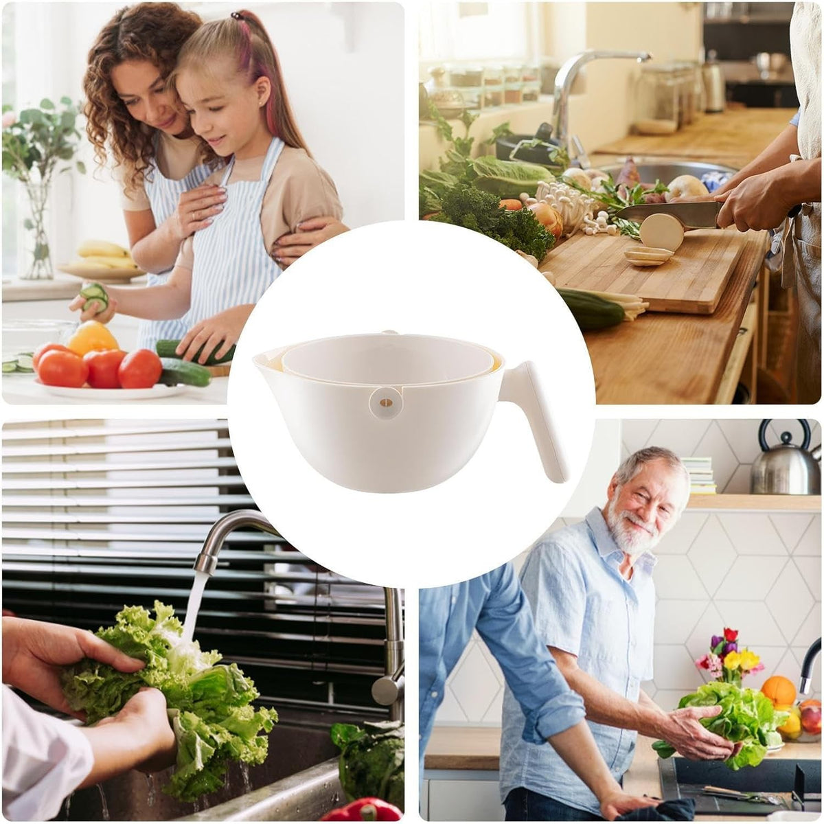 Bol cu Doua Straturi pentru Fructe si Legume, Cos de Scurgere Detasabil, Inclinare la 90 Grade, ABS si PP, Capacitate 2L, 29.9 x 22.5 x 11.8 cm, Alb