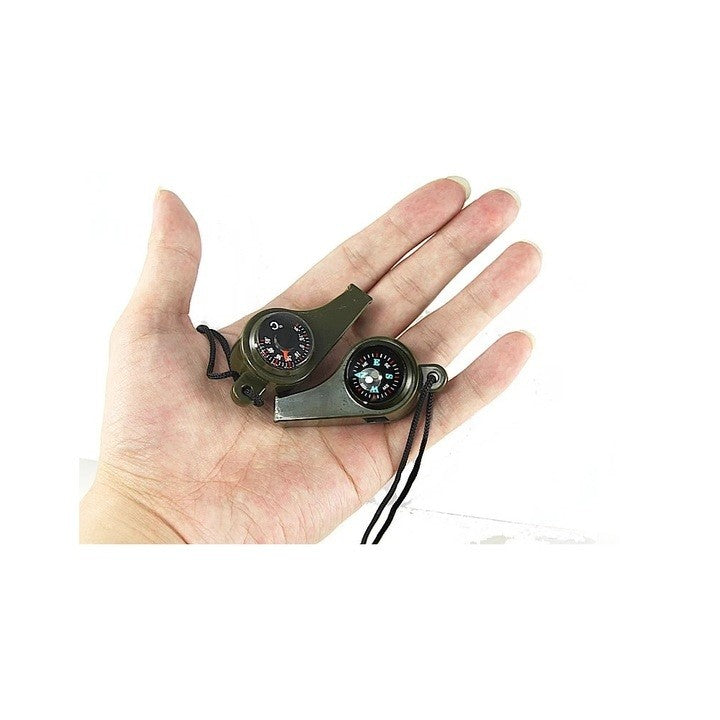 Fluier Multifunctional 3 în 1 pentru Supravietuire, Busola si Termometru Incluse, Snur Nailon 40 cm, Plastic ABS, 6.3 x 3 cm, Negru