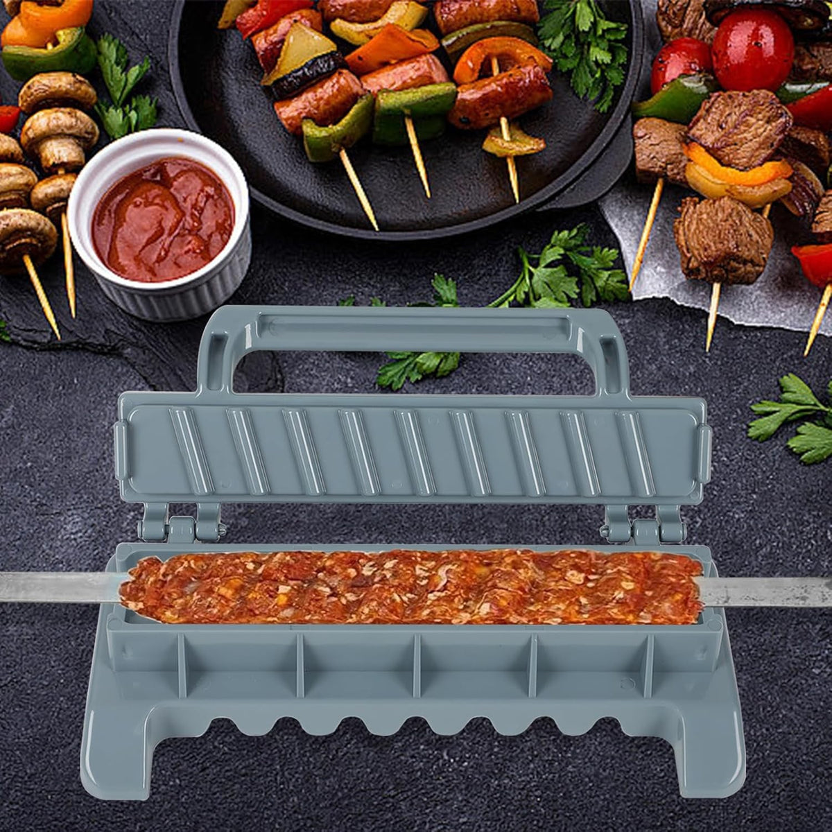 Presa pentru Carne si Dispozitiv de Infasurat Kebab, Aparat pentru Sarmale si Sushi, Plastic ABS Rezistent, 29 x 7.5 x 2.6 cm, Gri