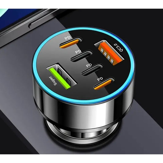 Incarcator Auto 6 in 1, Fast Charge QC3.0 si PD 65W, 4 Porturi USB Type-C si 2 Porturi USB, Monitorizare Tensiune Afisaj LED, 12-24V, Negru
