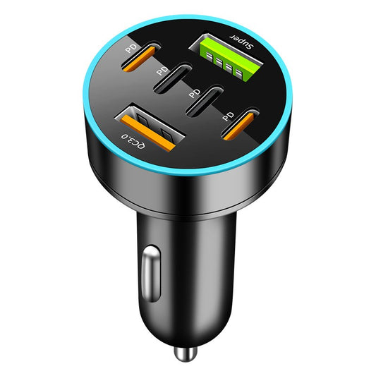 Incarcator Auto 6 in 1, Fast Charge QC3.0 si PD 65W, 4 Porturi USB Type-C si 2 Porturi USB, Monitorizare Tensiune Afisaj LED, 12-24V, Negru