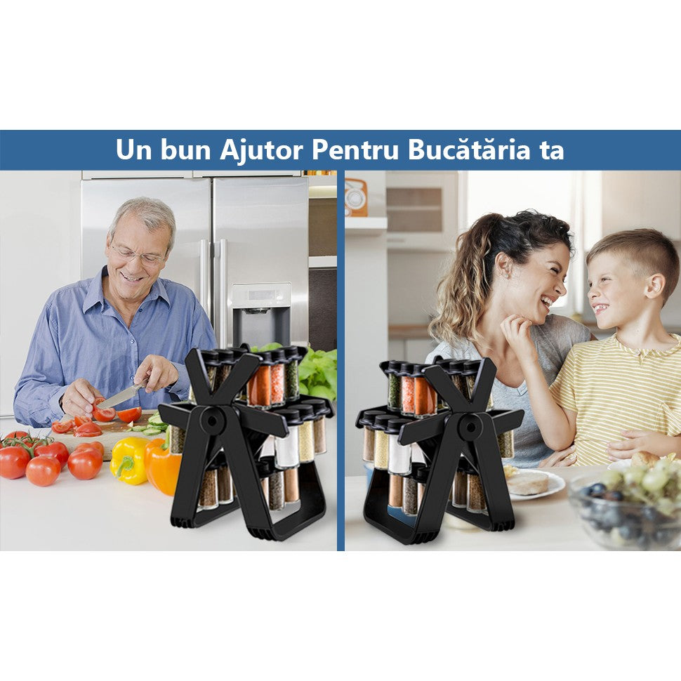 Suport pentru Condimente Rotativ, Organizator Multifunctional Pivotant 360 Grade, ABS si Sticla, 34x23 cm, Negru