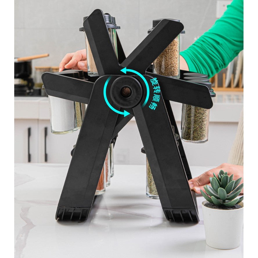 Suport pentru Condimente Rotativ, Organizator Multifunctional Pivotant 360 Grade, ABS si Sticla, 34x23 cm, Negru