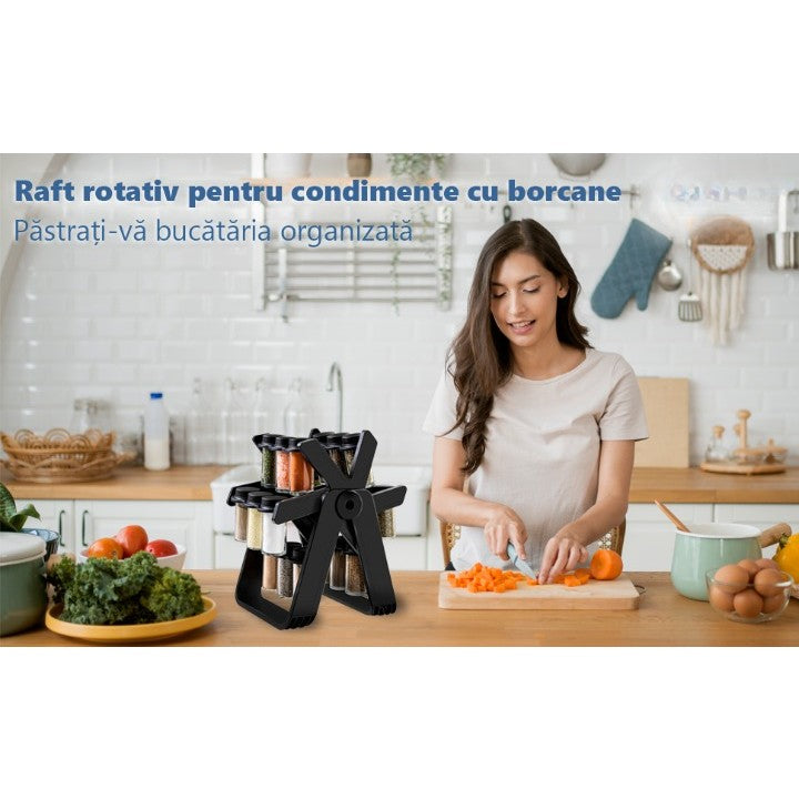 Suport pentru Condimente Rotativ, Organizator Multifunctional Pivotant 360 Grade, ABS si Sticla, 34x23 cm, Negru