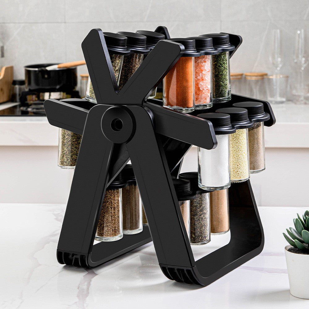 Suport pentru Condimente Rotativ, Organizator Multifunctional Pivotant 360 Grade, ABS si Sticla, 34x23 cm, Negru