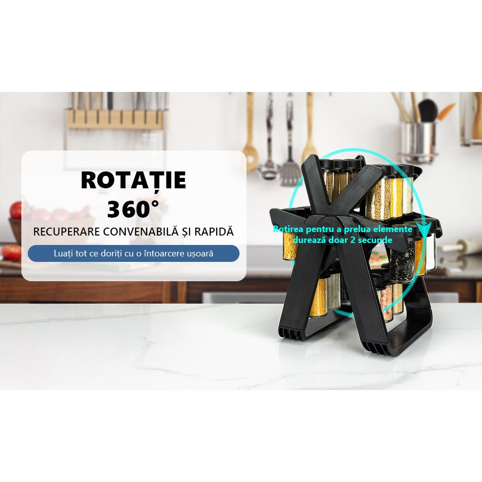 Suport pentru Condimente Rotativ, Organizator Multifunctional Pivotant 360 Grade, ABS si Sticla, 34x23 cm, Negru