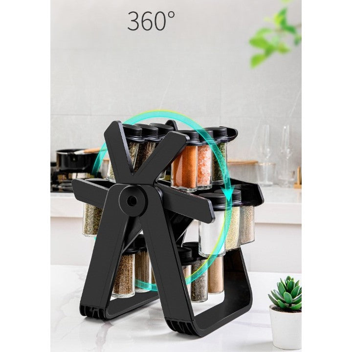 Suport pentru Condimente Rotativ, Organizator Multifunctional Pivotant 360 Grade, ABS si Sticla, 34x23 cm, Negru