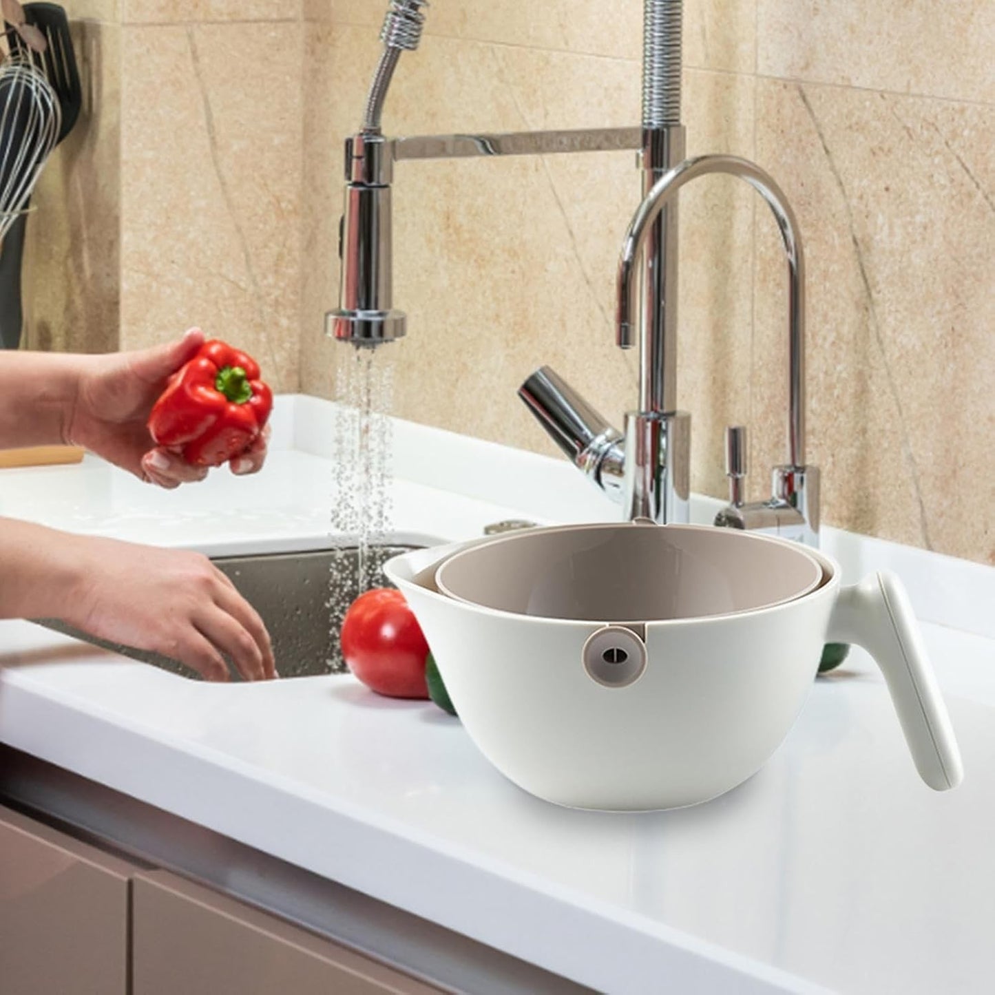 Bol cu Doua Straturi pentru Spalare si Scurgere Fructe sau Legume, Cos Detasabil cu Inclinare 90 Grade, ABS si PP, Capacitate 2L, 29.9 x 22.5 x 11.8 cm, Alb - Gri