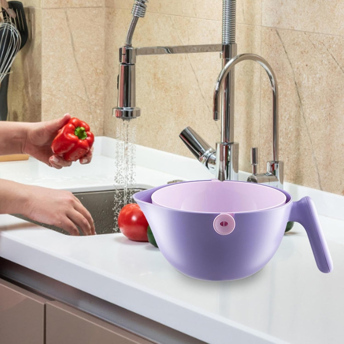 Bol cu Doua Straturi pentru Fructe si Legume, Cos de Scurgere Detasabil, Inclinare la 90 Grade, Plastic ABS si PP, Capacitate 2L, 29.9 x 22.5 x 11.8 cm, Mov