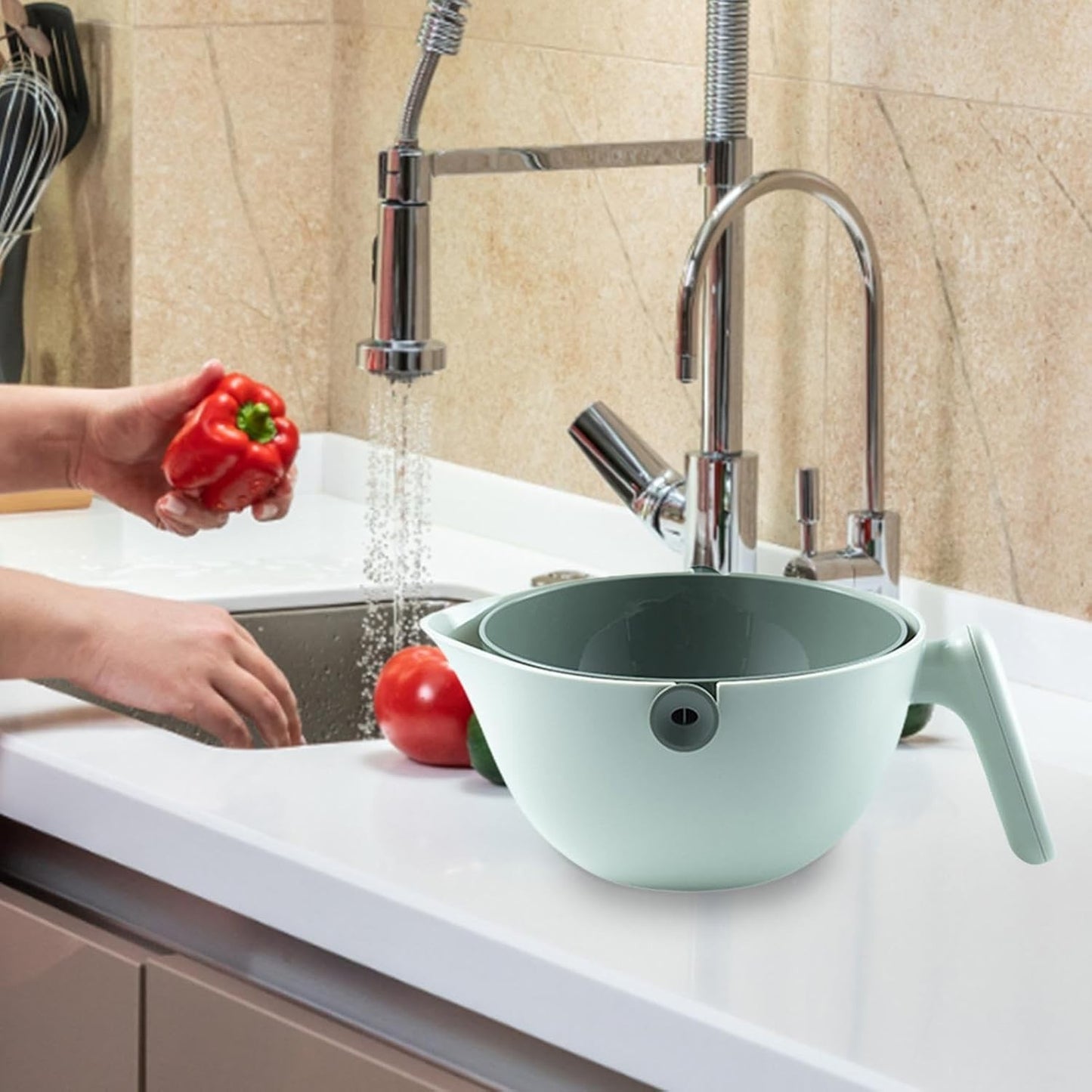 Bol cu Doua Straturi pentru Spalare si Scurgere Fructe sau Legume, Strecuratoare Detasabila cu Inclinare 90 Grade, Plastic ABS si PP, Capacitate 2L, 29.9 x 22.5 x 11.8 cm, Verde