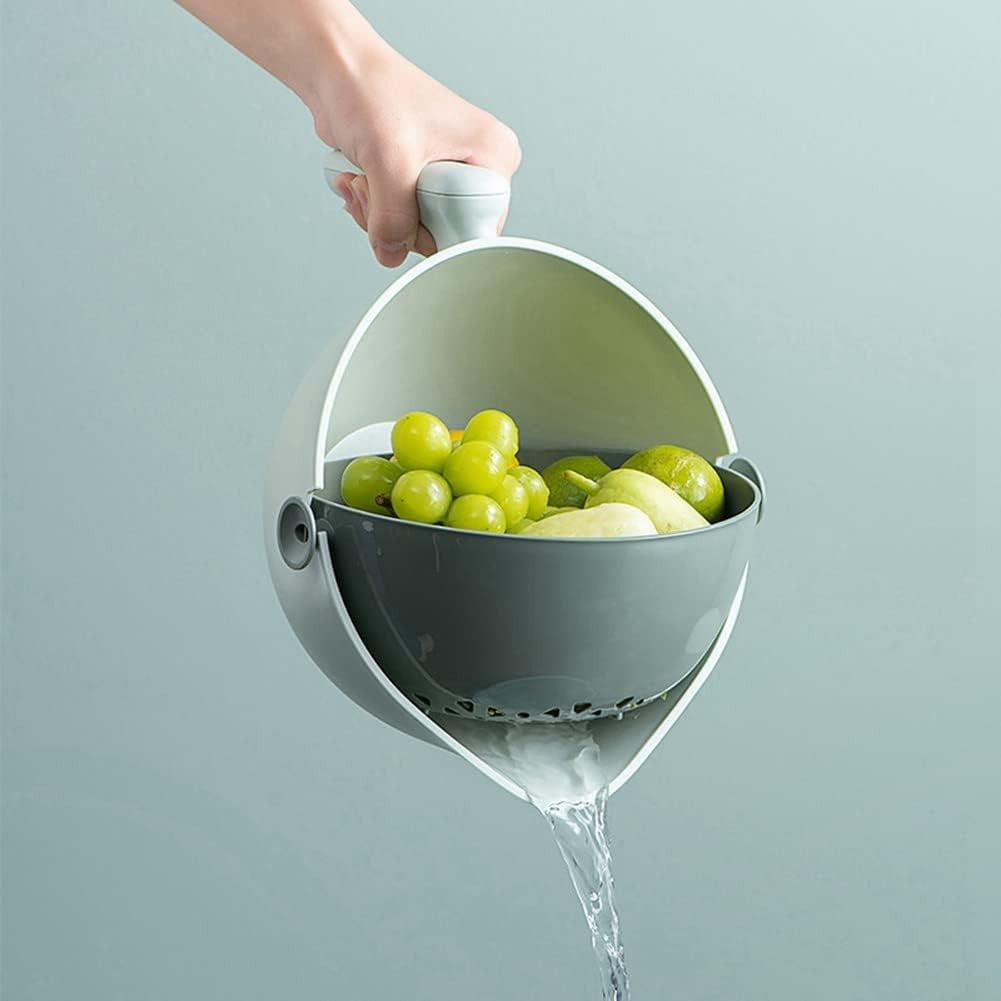 Bol cu Doua Straturi pentru Spalare si Scurgere Fructe sau Legume, Strecuratoare Detasabila cu Inclinare 90 Grade, Plastic ABS si PP, Capacitate 2L, 29.9 x 22.5 x 11.8 cm, Verde