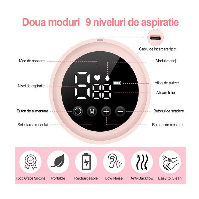 Pompă de Sân Electrică 2 în 1, Ecran Tactil LED, 2 Moduri și 9 Viteze, Acumulator 1200 mAh, Încărcare USB Tip C, Silențioasă sub 35 dB, Silicon Fără BPA, Roz Transparent, 2 x 180 ml