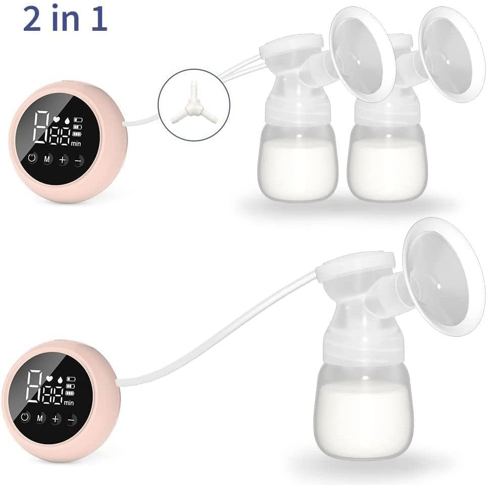 Pompă de Sân Electrică 2 în 1, Ecran Tactil LED, 2 Moduri și 9 Viteze, Acumulator 1200 mAh, Încărcare USB Tip C, Silențioasă sub 35 dB, Silicon Fără BPA, Roz Transparent, 2 x 180 ml