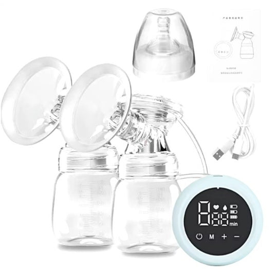 Pompa De San Electrica 2 In 1, Portabila Cu 2 Moduri Si 9 Viteze, Silentioasa Sub 35 DB, Ecran LED Tactil, Silicon Fara BPA, Acumulator 1200 mAh, 2 Biberoane 180 ml, Albastru Transparent