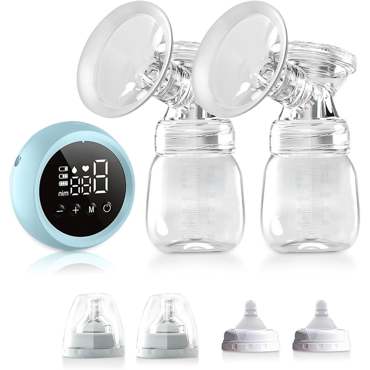 Pompa De San Electrica 2 In 1, Portabila Cu 2 Moduri Si 9 Viteze, Silentioasa Sub 35 DB, Ecran LED Tactil, Silicon Fara BPA, Acumulator 1200 mAh, 2 Biberoane 180 ml, Albastru Transparent