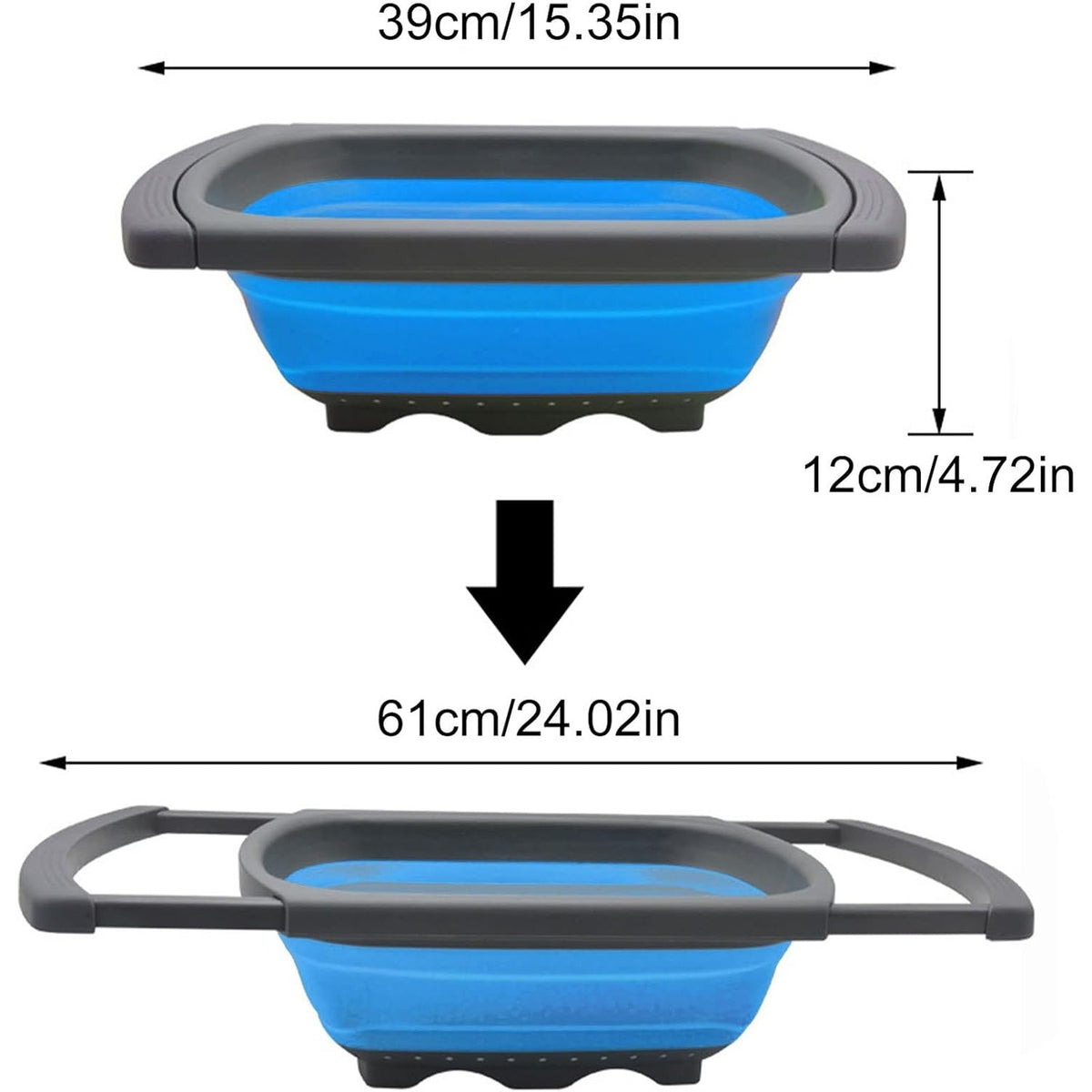 Cos de Scurgere Retractabil pentru Chiuveta, Filtru pentru Fructe si Legume, Design Extensibil 39-61 cm, Plastic Rezistent cu Manere, Albastru
