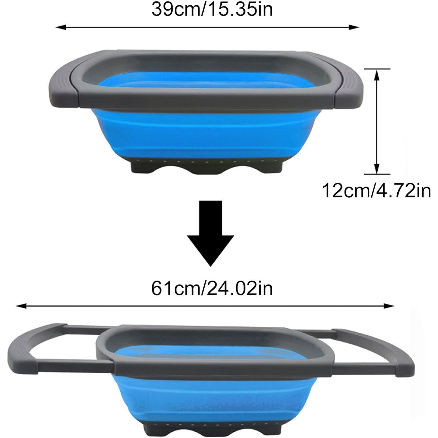 Cos de Scurgere Retractabil pentru Chiuveta, Filtru pentru Fructe si Legume, Design Extensibil 39-61 cm, Plastic Rezistent cu Manere, Albastru